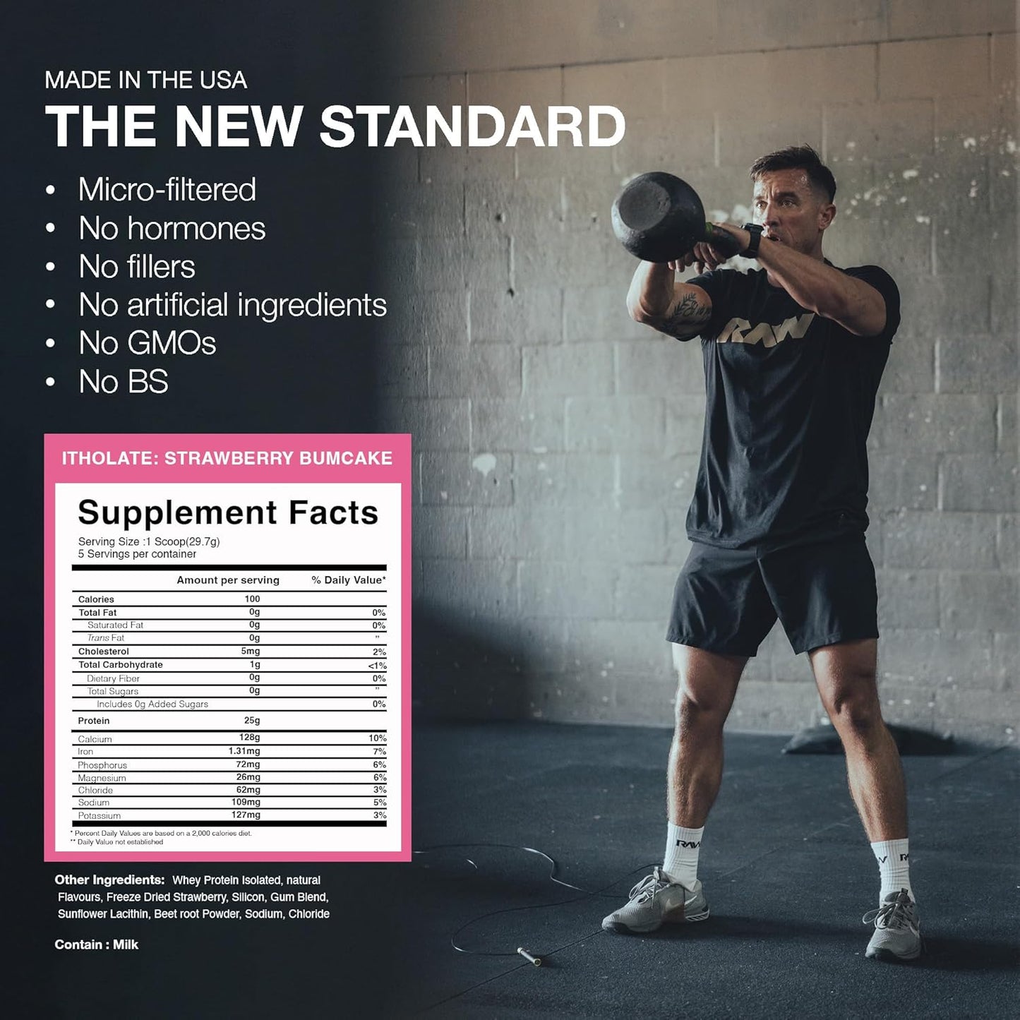 Strawberry BumCake RAW Whey Isolate Protein Powder - Grass-Fed Sports Nutrition for Muscle Growth - Low-Fat, Low Carb - 25 Servings
