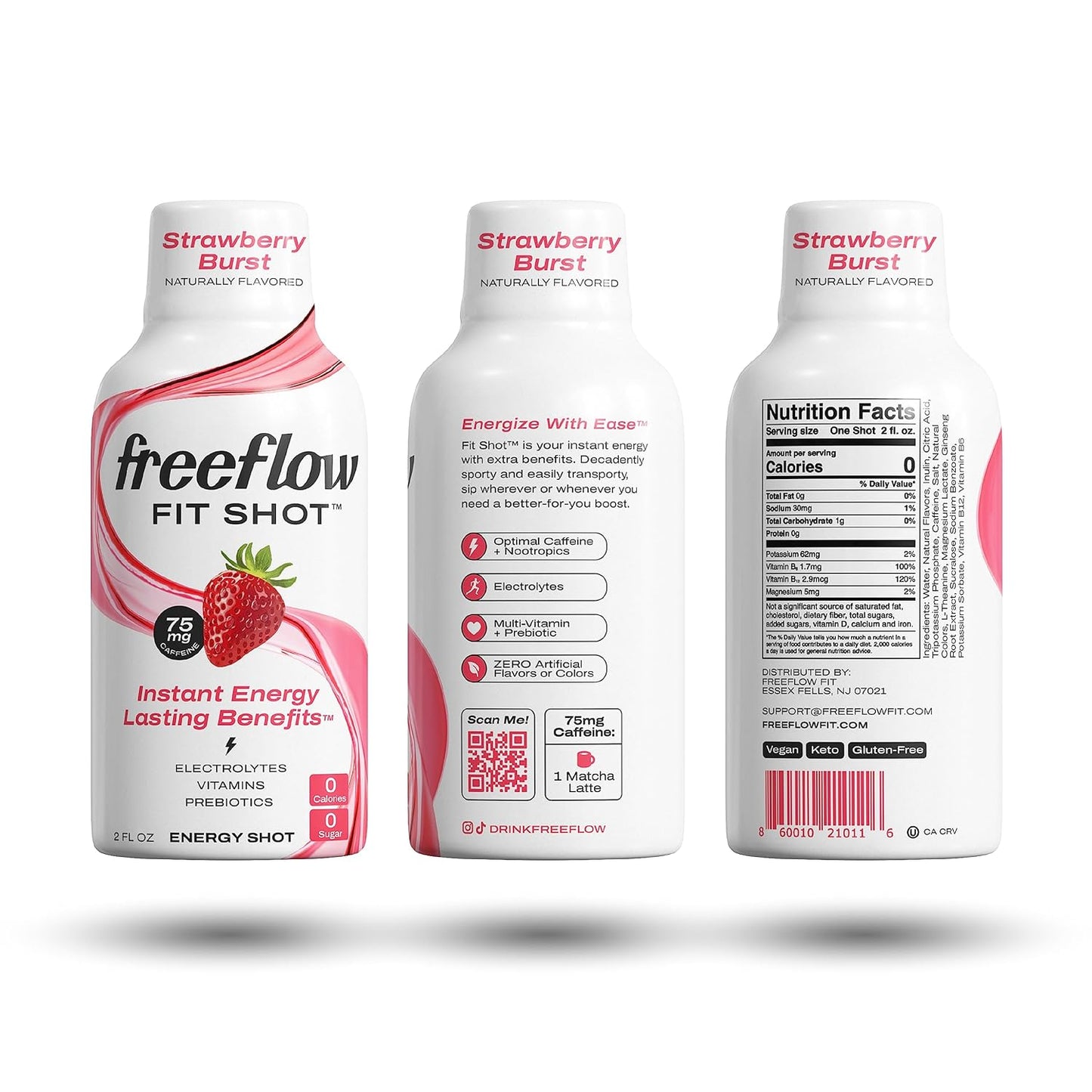 Strawberry Burst Freeflow Fit Energy Shots - Natural Caffeine Boost with L-theanine, Ginseng, Vitamins, Prebiotics, Electrolytes - 6 Count, 2oz Shots - BoostGo Australia