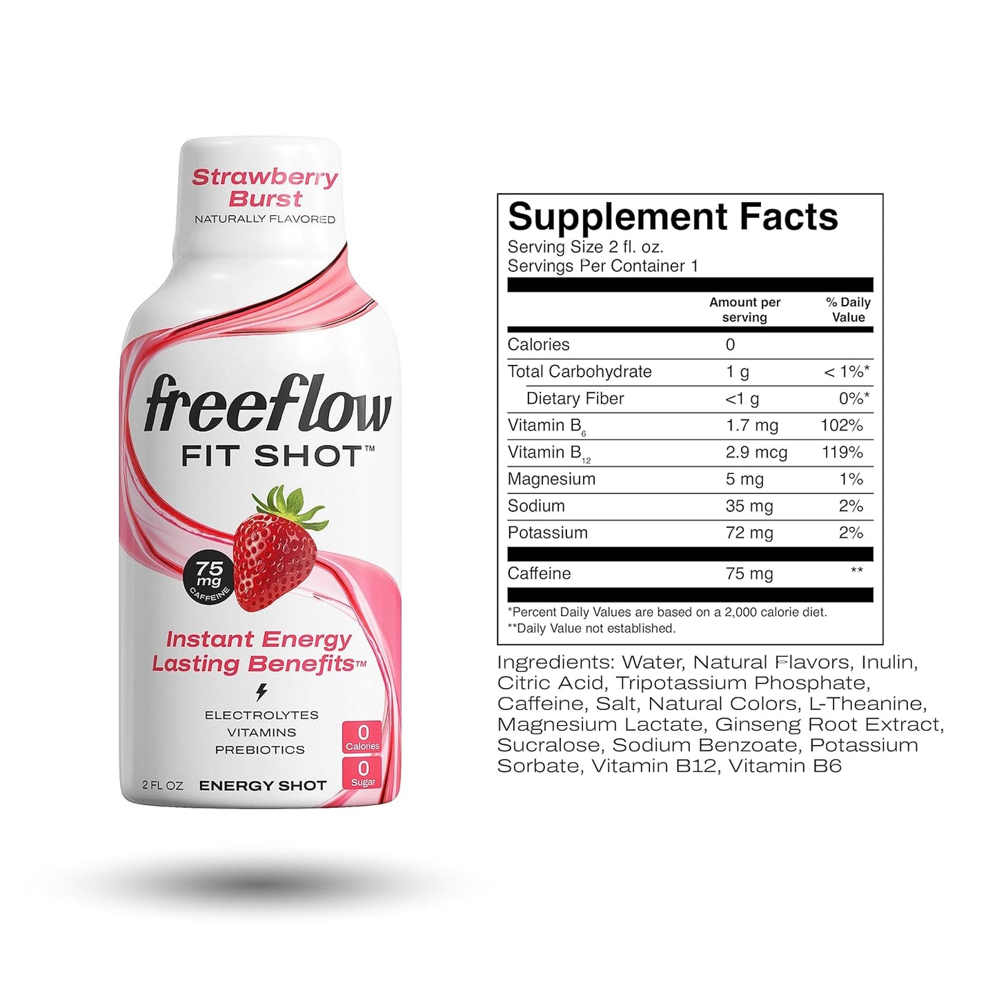 Strawberry Burst Freeflow Fit Energy Shots - Natural Caffeine Boost with L-theanine, Ginseng, Vitamins, Prebiotics, Electrolytes - 6 Count, 2oz Shots - BoostGo Australia