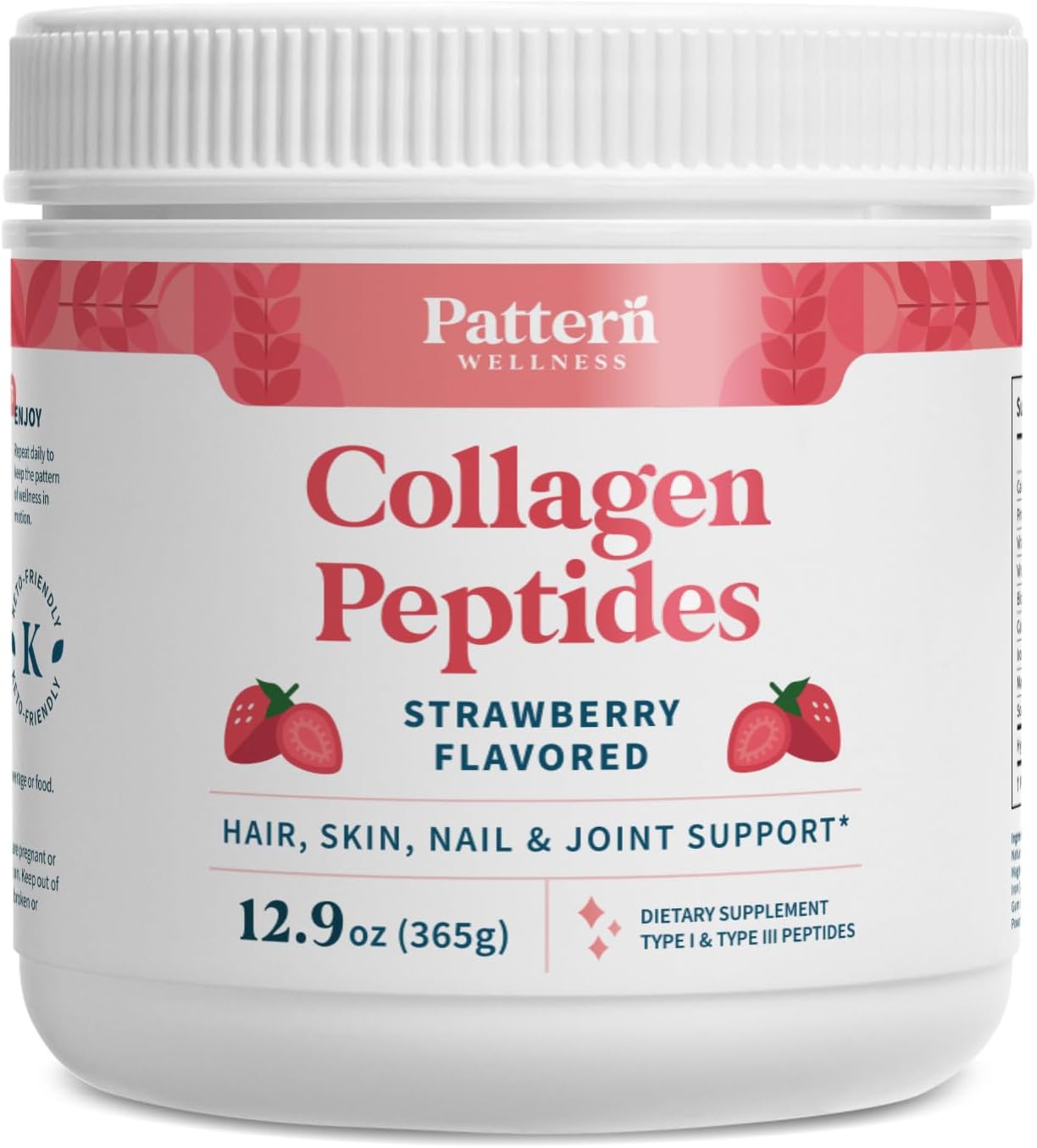 Strawberry Collagen Peptides Powder for Hair, Nails, Skin & Joints - Grass Fed, Non-GMO, Dairy Free - Hydrolyzed Type I & III - Keto Friendly - 13 Oz