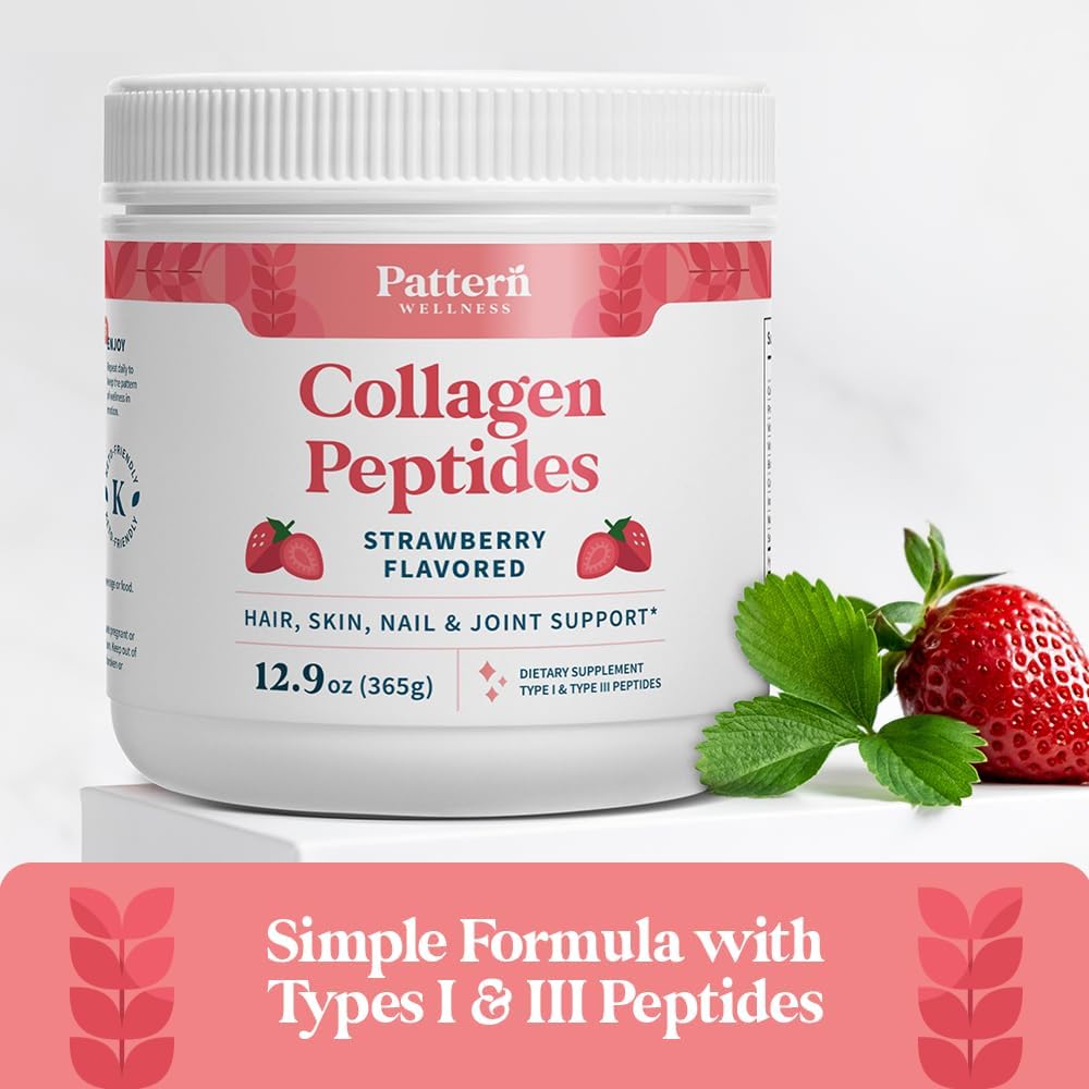 Strawberry Collagen Peptides Powder for Hair, Nails, Skin & Joints - Grass Fed, Non-GMO, Dairy Free - Hydrolyzed Type I & III - Keto Friendly - 13 Oz