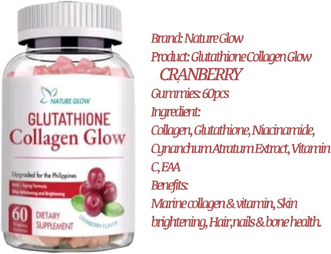 Strawberry & Cranberry Flavor Glow Glutathione Collagen Gummies Bundle - 60 Chewables