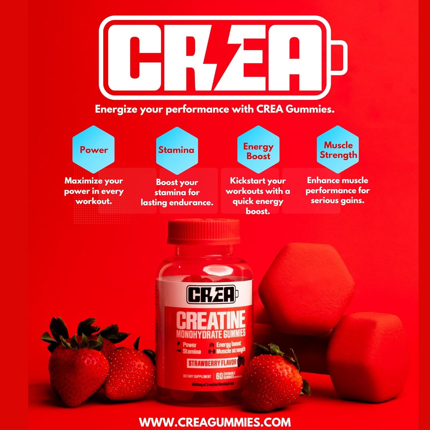 Strawberry Flavor Creatine Monohydrate Gummies - 4500mg, 20 Servings, 60 Gummies