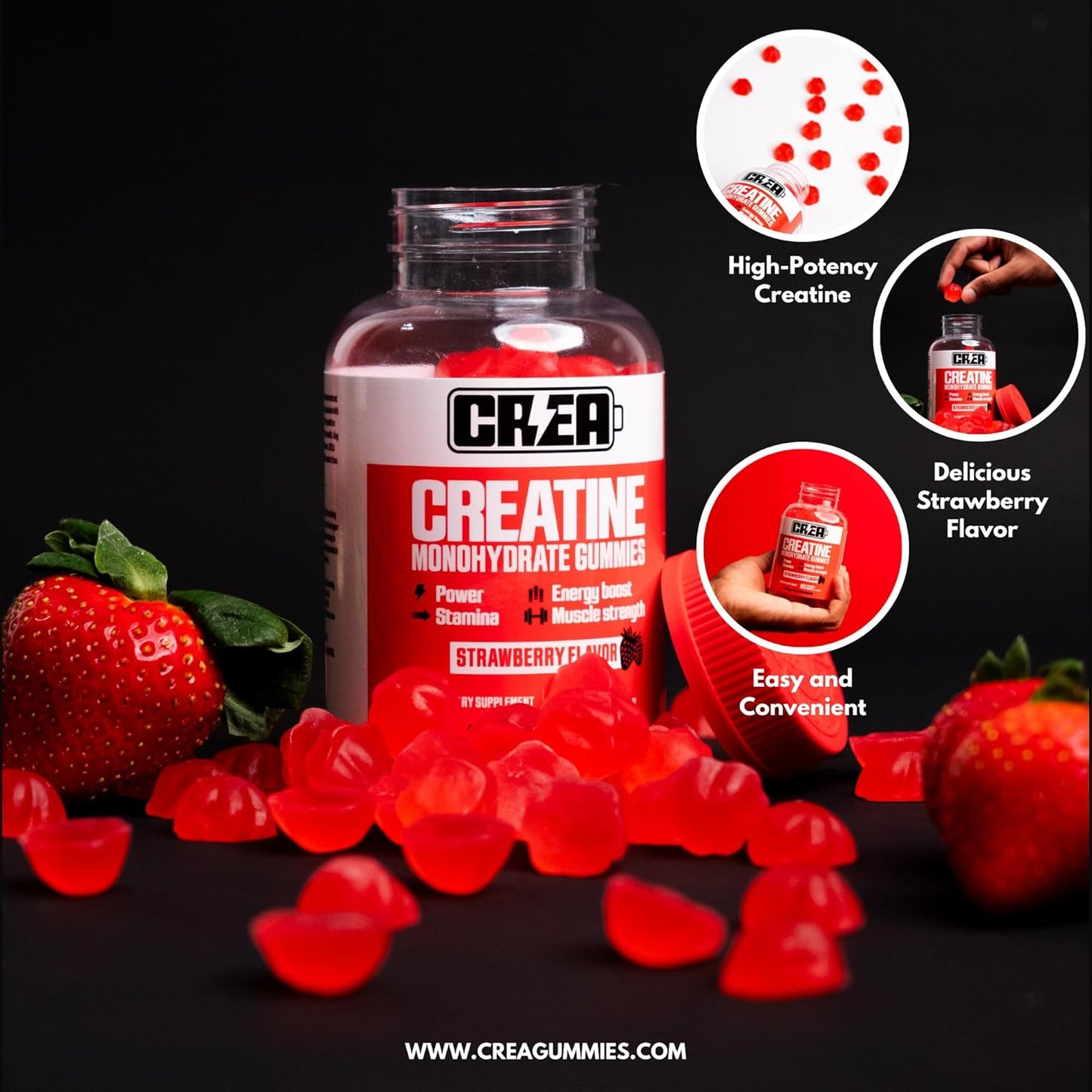 Strawberry Flavor Creatine Monohydrate Gummies - 4500mg, 20 Servings, 60 Gummies
