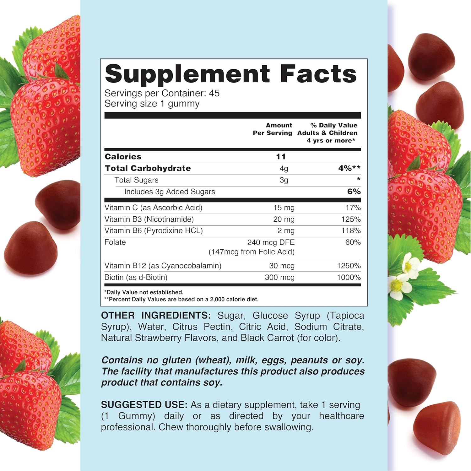 Strawberry Flavored B Complex Vitamin Gummies for Energy - 45 Count, No Artificial Flavors, with B3, B6, B12, and Biotin