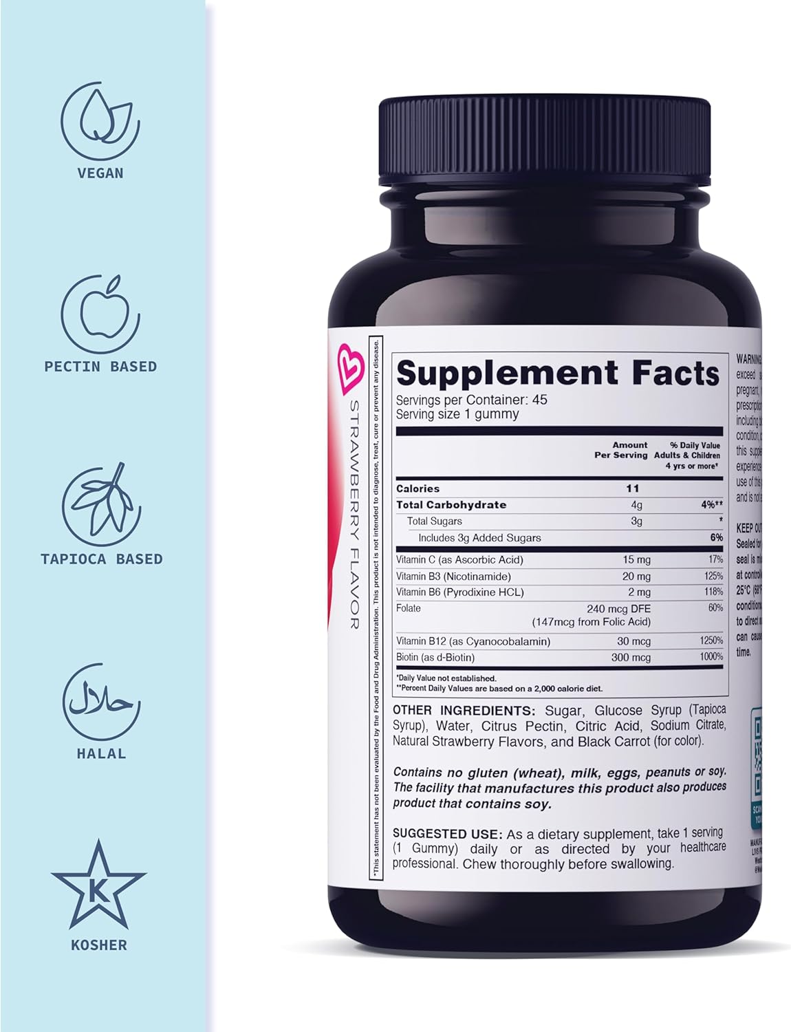 Strawberry Flavored B Complex Vitamin Gummies for Energy - 45 Count, No Artificial Flavors, with B3, B6, B12, and Biotin