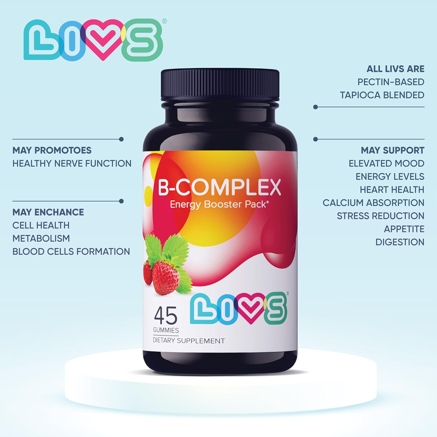 Strawberry Flavored B Complex Vitamin Gummies for Energy - 45 Count, No Artificial Flavors, with B3, B6, B12, and Biotin