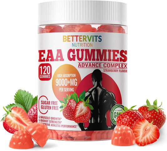 Strawberry Flavored Bettervits Nutrition EAA Gummies - 120 Gummies, 9000 mg Essential Amino Acids - Non-GMO, Gluten Free, Vegetarian