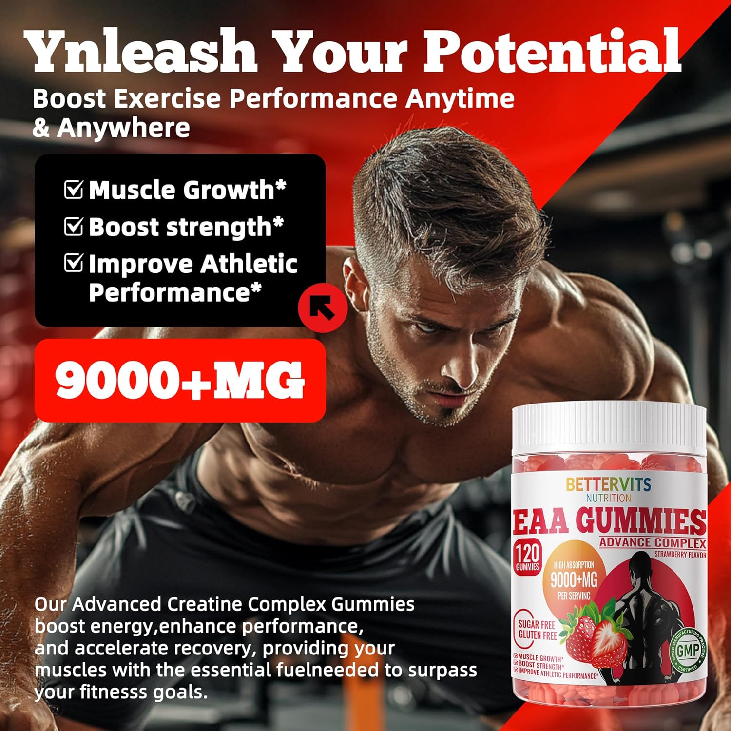 Strawberry Flavored Bettervits Nutrition EAA Gummies - 120 Gummies, 9000 mg Essential Amino Acids - Non-GMO, Gluten Free, Vegetarian