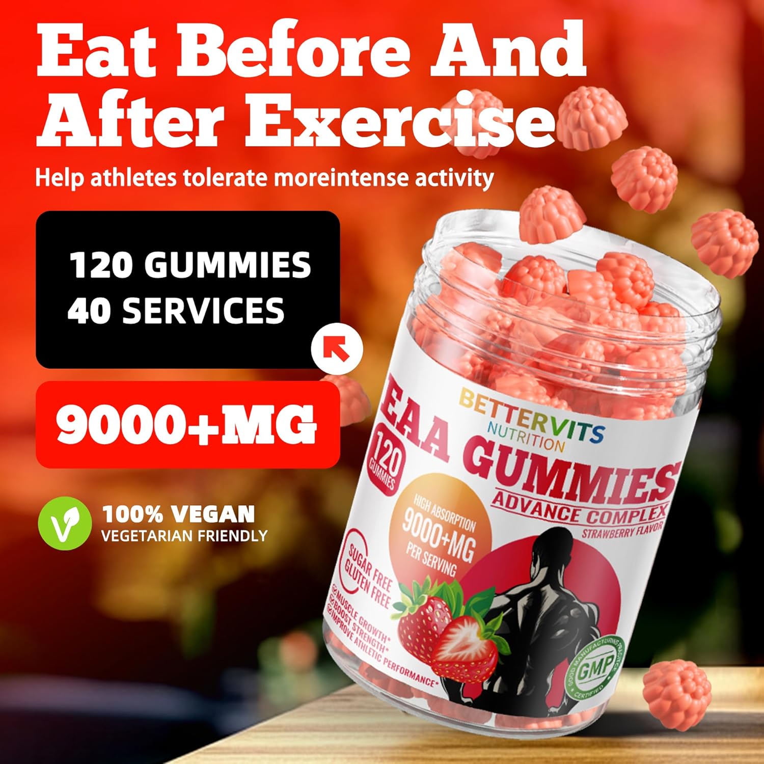 Strawberry Flavored Bettervits Nutrition EAA Gummies - 120 Gummies, 9000 mg Essential Amino Acids - Non-GMO, Gluten Free, Vegetarian