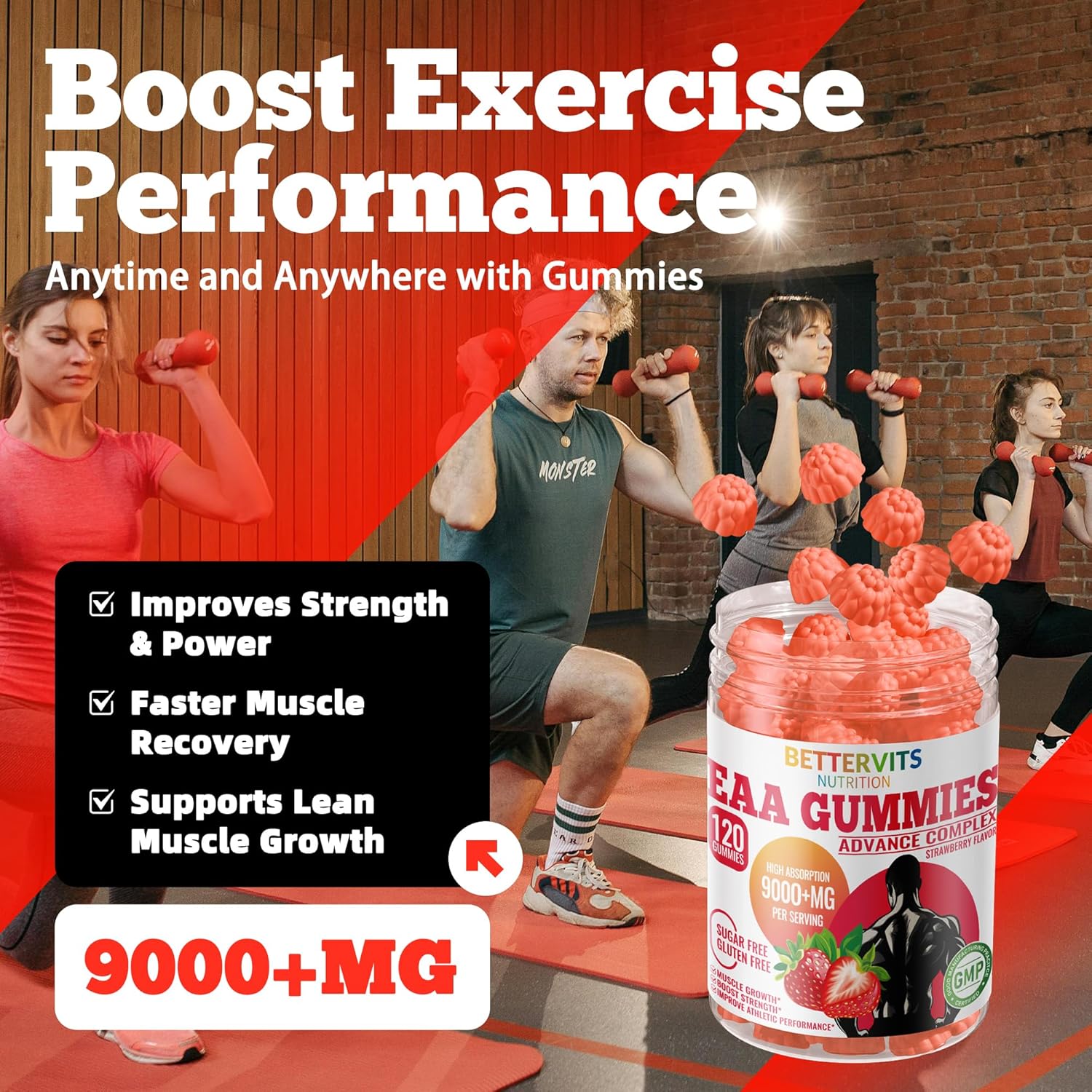 Strawberry Flavored Bettervits Nutrition EAA Gummies - 120 Gummies, 9000 mg Essential Amino Acids - Non-GMO, Gluten Free, Vegetarian