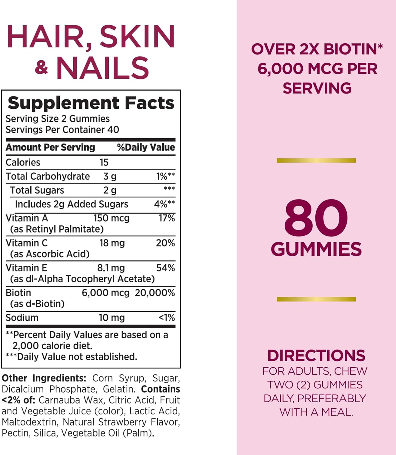 Strawberry Flavored Biotin Gummies for Hair, Skin, and Nails - 80 Count