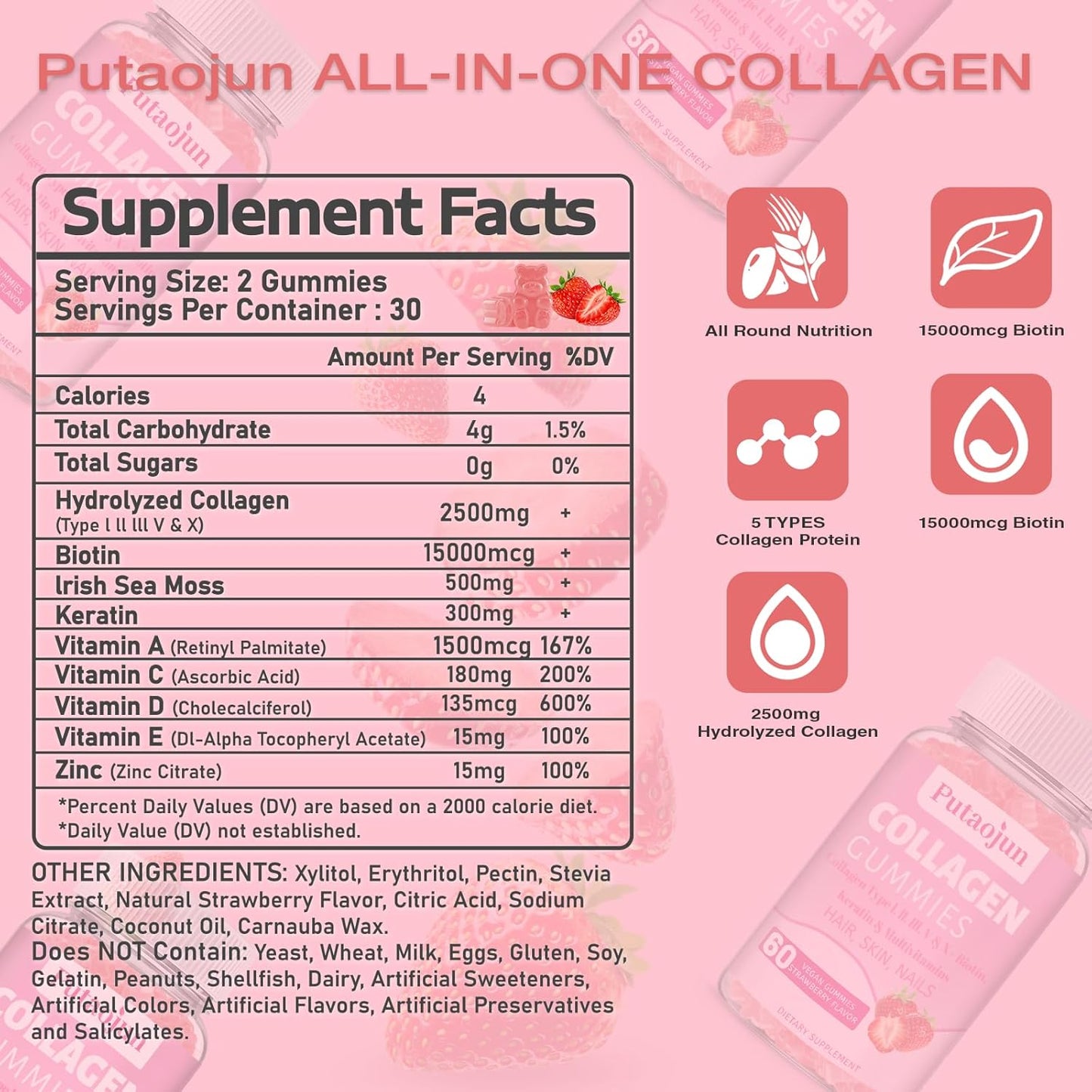 Strawberry Flavored Collagen Gummies for Hair, Skin & Nails - Women's Biotin & Collagen Supplement with Vitamin C, E, Zinc - 60 Gummies