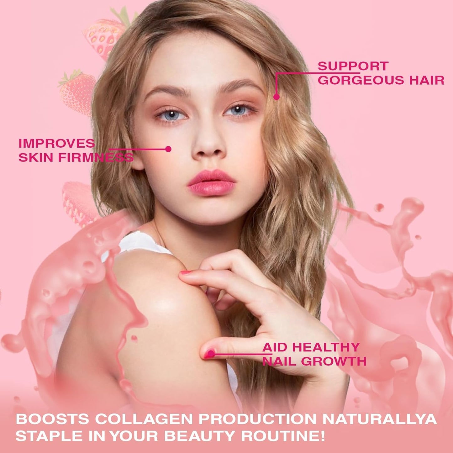 Strawberry Flavored Collagen Gummies for Hair, Skin & Nails - Women's Biotin & Collagen Supplement with Vitamin C, E, Zinc - 60 Gummies
