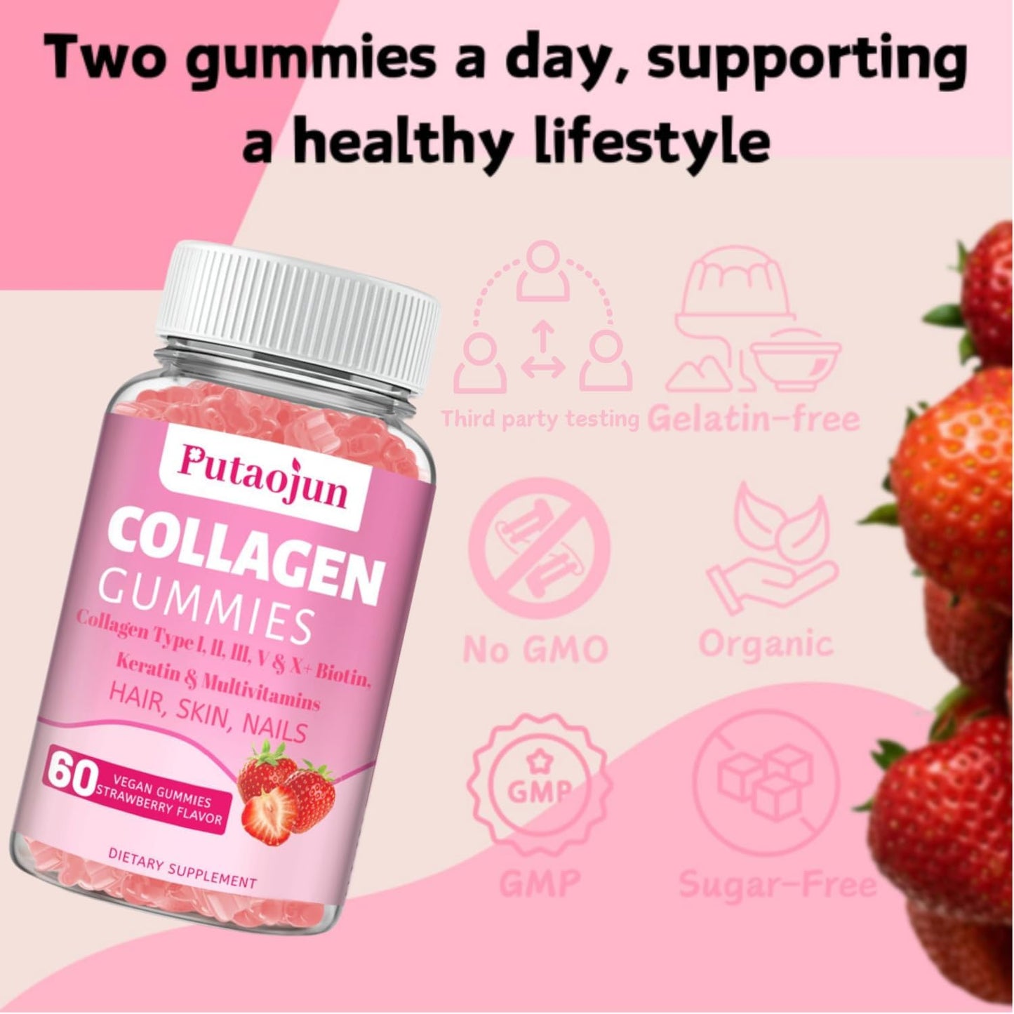 Strawberry Flavored Collagen Gummies for Hair, Skin & Nails - Women's Biotin & Collagen Supplement with Vitamin C, E, Zinc - 60 Gummies