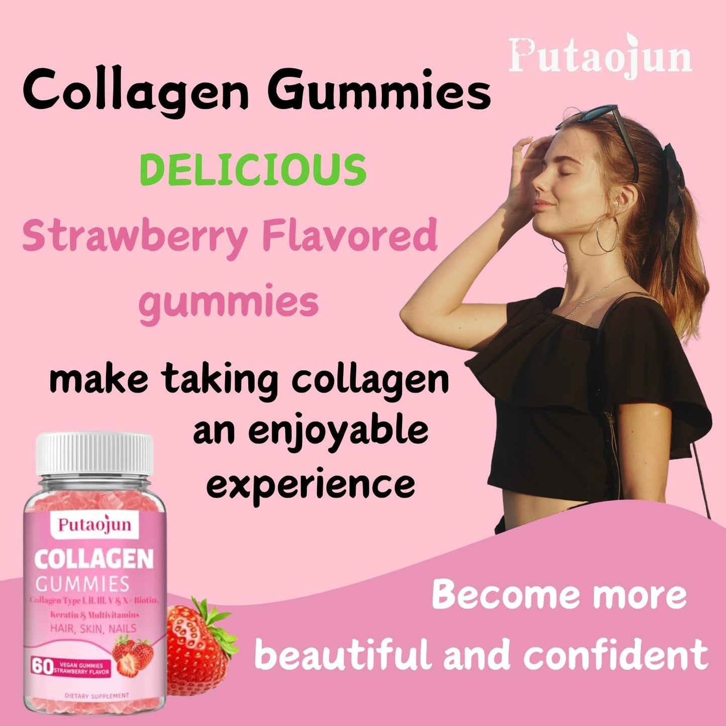 Strawberry Flavored Collagen Gummies for Hair, Skin & Nails - Women's Biotin & Collagen Supplement with Vitamin C, E, Zinc - 60 Gummies
