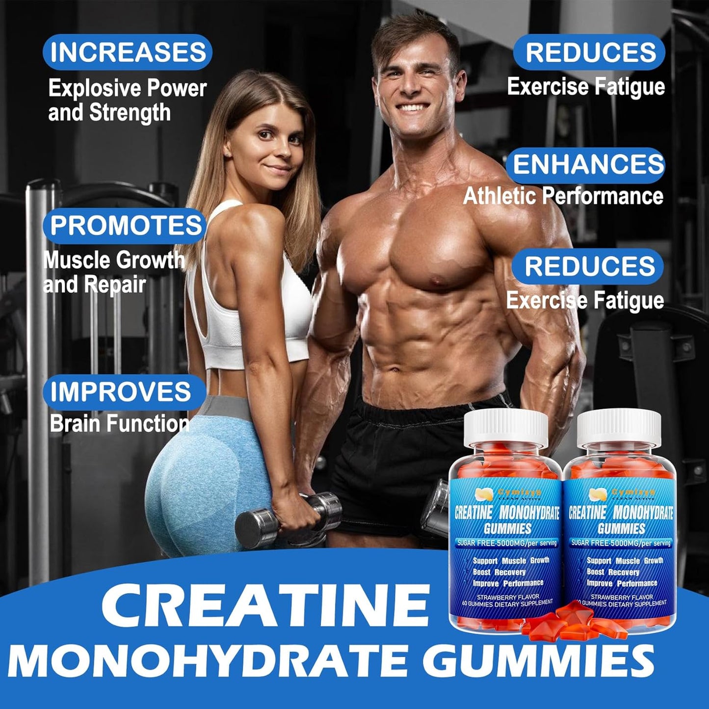 Strawberry Flavored Cymixy8 Creatine Monohydrate Gummies 5g with Liposomal Taurine & BCAA for Muscle Growth - 180 Count for Men & Women