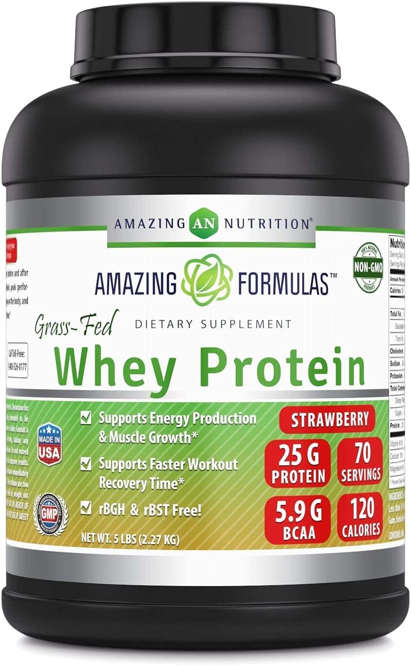Strawberry Flavored Grass Fed Whey Protein Supplement | 25g Protein | 5lbs | Non-GMO & Gluten-Free | Made in USA by Amazing Nutrition