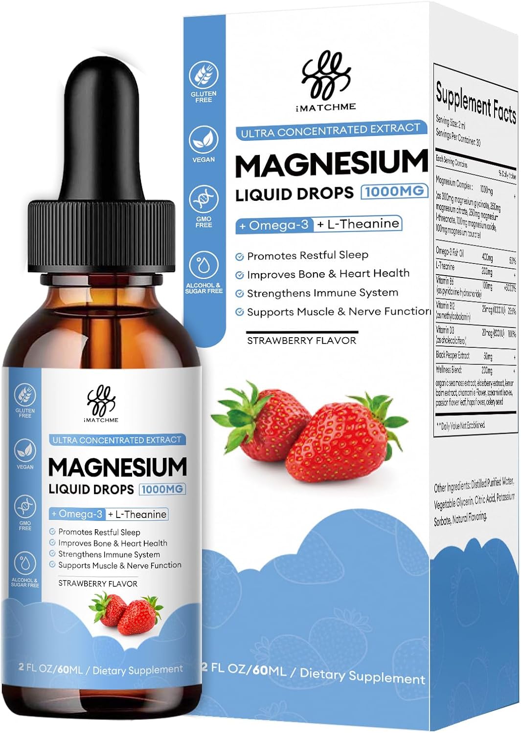 Strawberry Flavored iMATCHME Magnesium Glycinate Liquid Drops - 2 Fl Oz Bottle