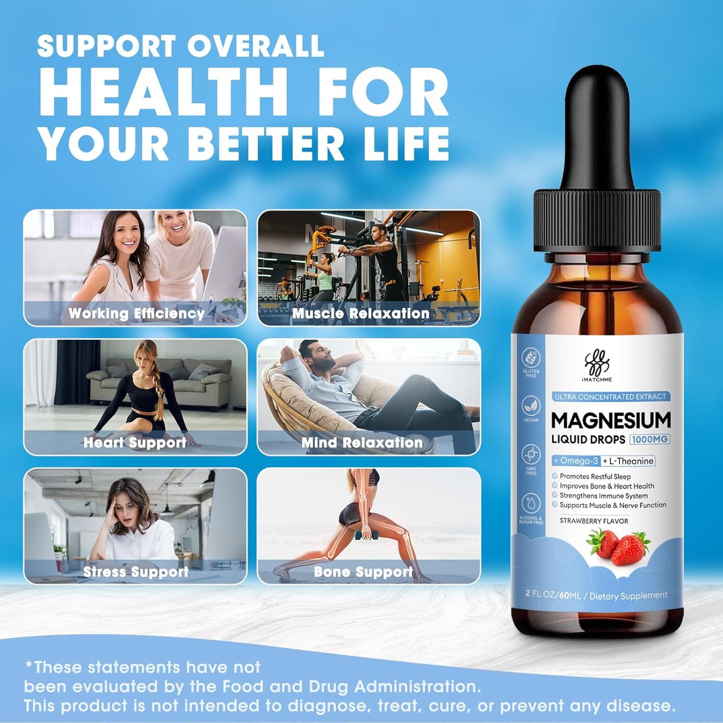 Strawberry Flavored iMATCHME Magnesium Glycinate Liquid Drops - 2 Fl Oz Bottle