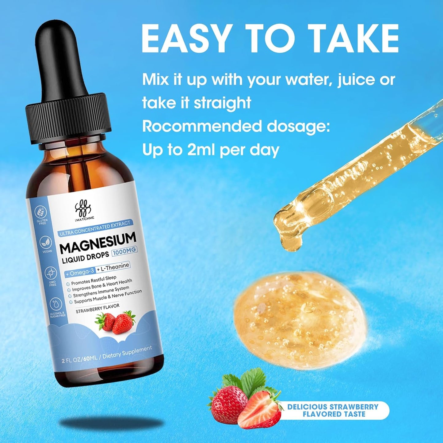 Strawberry Flavored iMATCHME Magnesium Glycinate Liquid Drops - 2 Fl Oz Bottle