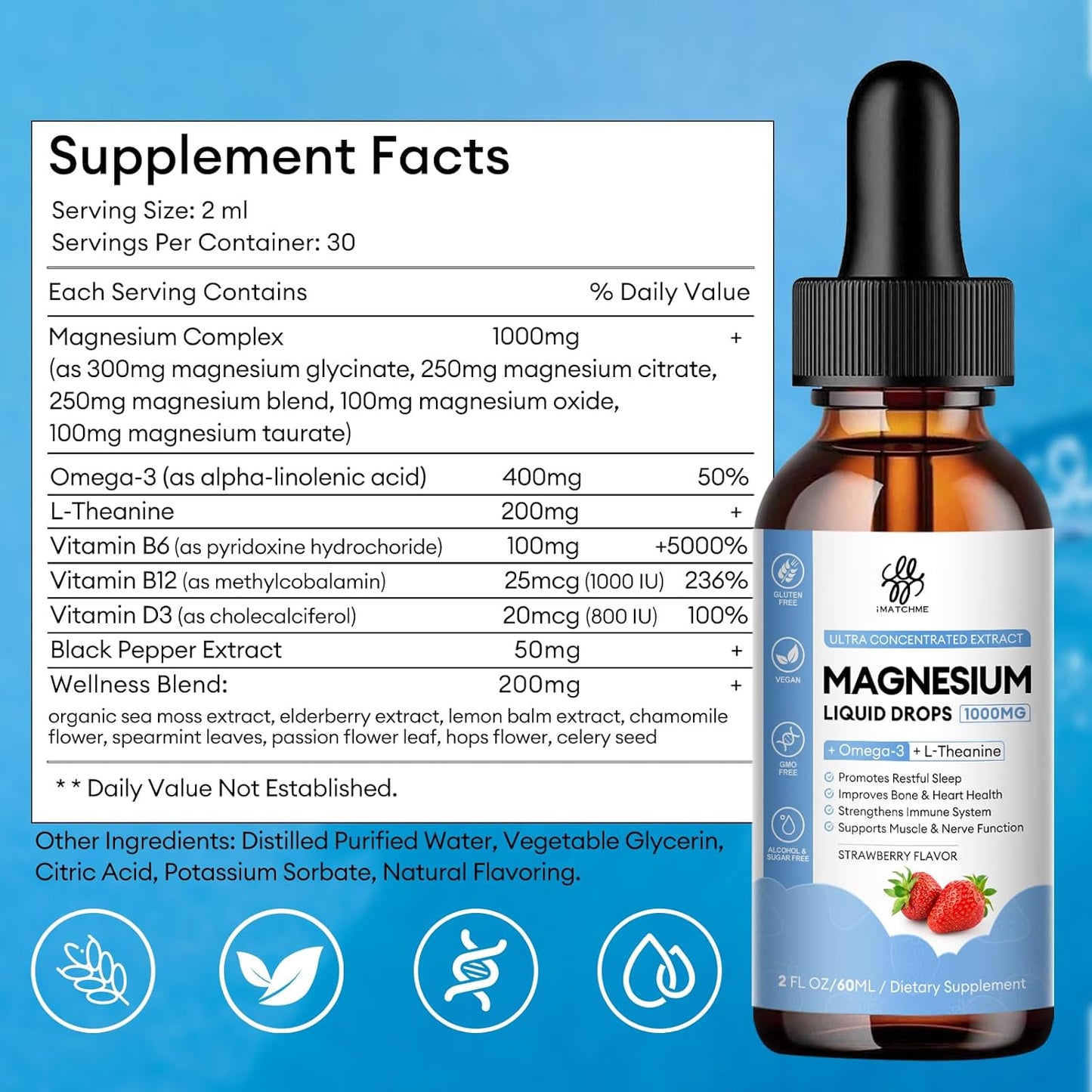Strawberry Flavored iMATCHME Magnesium Glycinate Liquid Drops - 2 Fl Oz Bottle