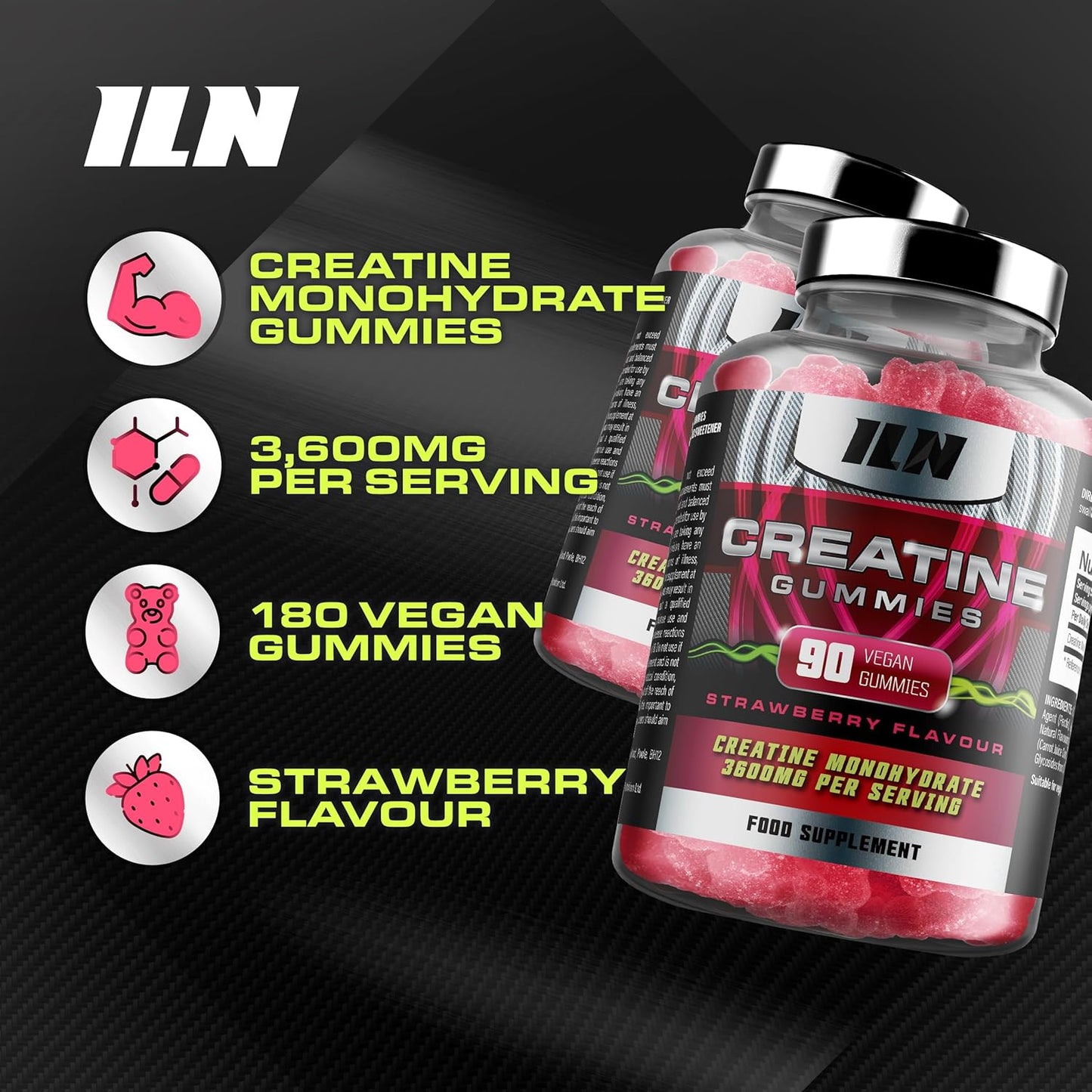 Strawberry Flavored Iron Labs Nutrition Creatine Gummy Bears - 3600mg Per Serving - High Strength Vegan Creatine for Men & Women - 180 Gummies