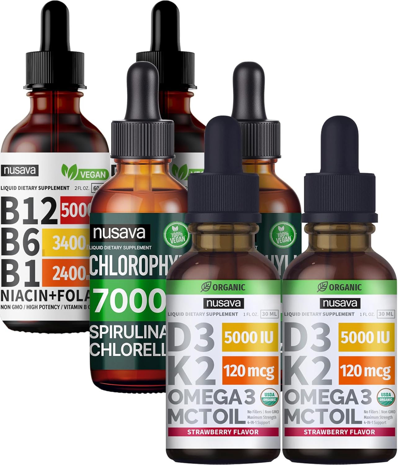 Strawberry Flavored Liquid Vitamin Bundle for Heart, Energy, Brain & Immune Support - D3 K2, Chlorophyll, & B12 Drops - Non-GMO, Gluten-Free - 2 Pack