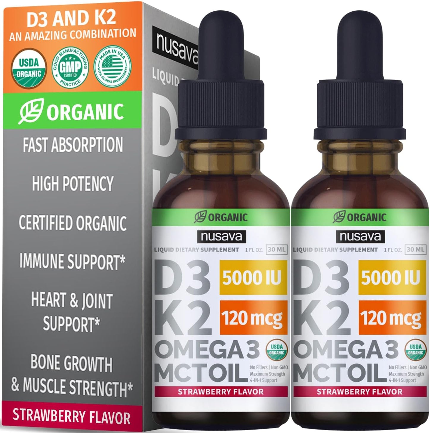 Strawberry Flavored Liquid Vitamin Bundle for Heart, Energy, Brain & Immune Support - D3 K2, Chlorophyll, & B12 Drops - Non-GMO, Gluten-Free - 2 Pack