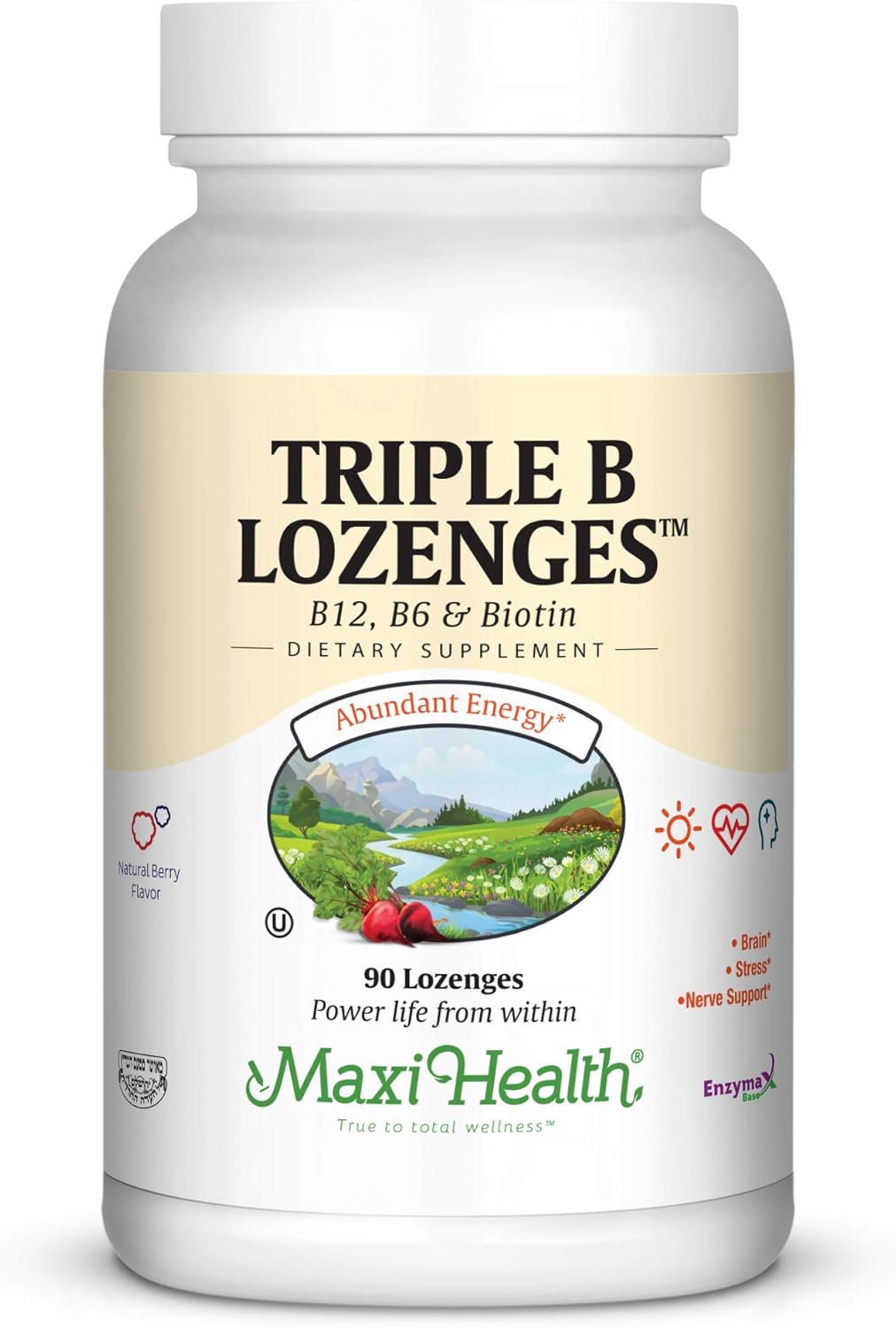 Strawberry Flavored Maxi Health Triple B Lozenges with Vitamin B12, B6, and Biotin - 90 Chewies, Kosher