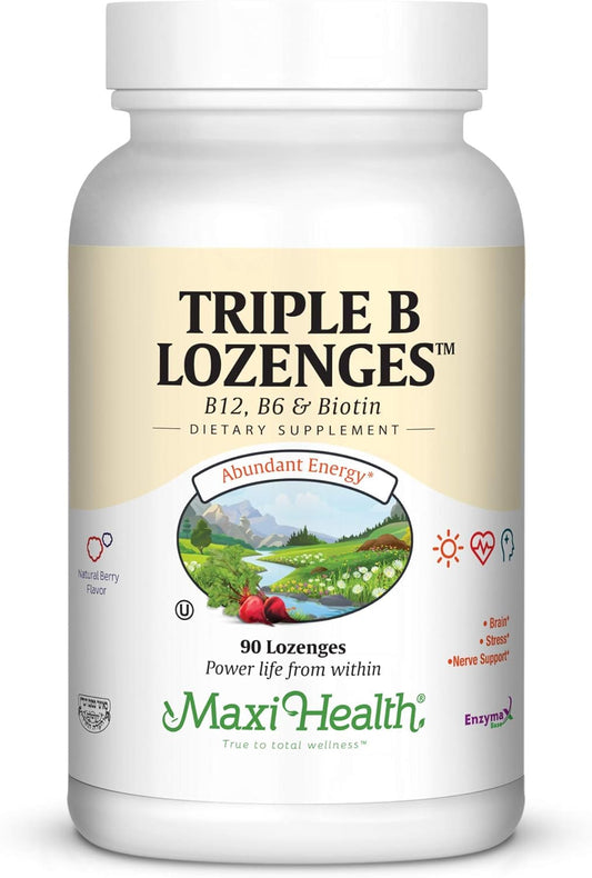 Strawberry Flavored Maxi Health Triple B Lozenges with Vitamin B12, B6, and Biotin - 90 Chewies, Kosher