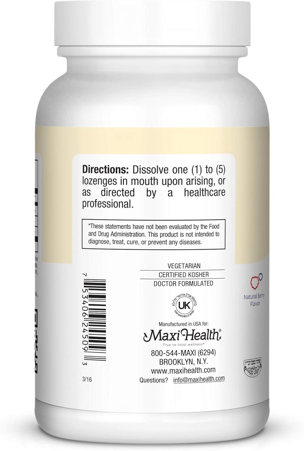 Strawberry Flavored Maxi Health Triple B Lozenges with Vitamin B12, B6, and Biotin - 90 Chewies, Kosher