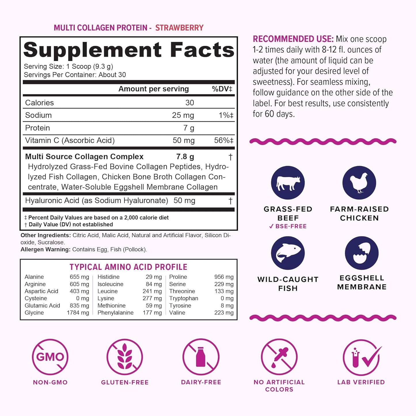 Strawberry Flavored Multi Collagen Peptides Powder with Hyaluronic Acid and Vitamin C for Hair, Skin, and Nails - 30 Servings