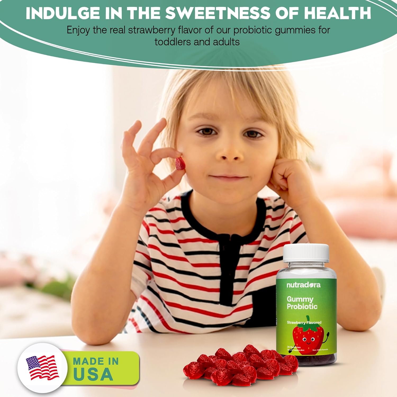 Strawberry Flavored Probiotic Gummies for Kids - Digestive & Immune Support, 2.5 Billion CFU, Non-GMO, Made in USA, 30 Gummies
