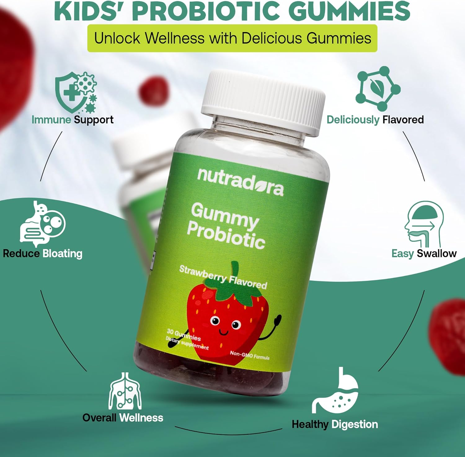 Strawberry Flavored Probiotic Gummies for Kids - Digestive & Immune Support, 2.5 Billion CFU, Non-GMO, Made in USA, 30 Gummies