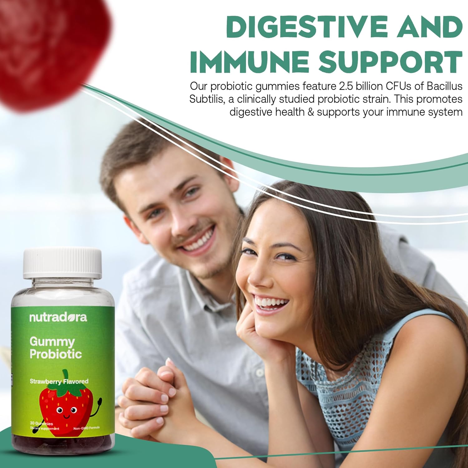 Strawberry Flavored Probiotic Gummies for Kids - Digestive & Immune Support, 2.5 Billion CFU, Non-GMO, Made in USA, 30 Gummies