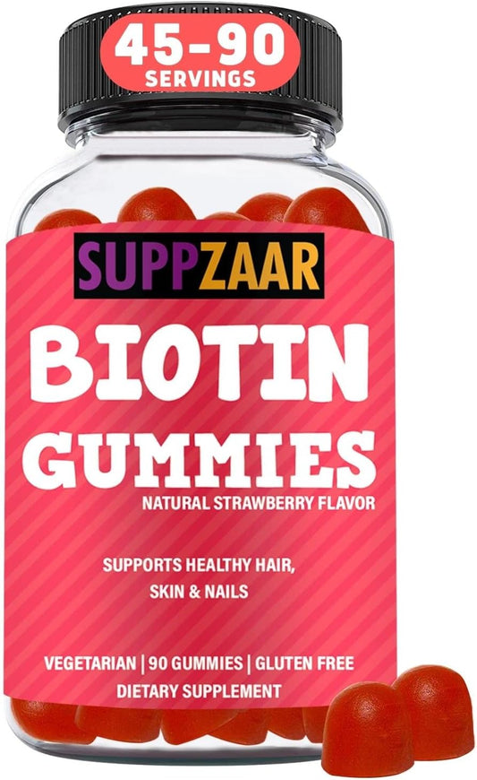 Strawberry Flavored Vegan Biotin Gummies for Hair Growth - Non-GMO, Gelatin & Gluten-Free - 90 Gummies for Men & Women - SUPPZAAR