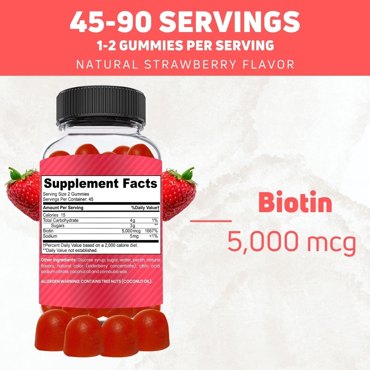 Strawberry Flavored Vegan Biotin Gummies for Hair Growth - Non-GMO, Gelatin & Gluten-Free - 90 Gummies for Men & Women - SUPPZAAR