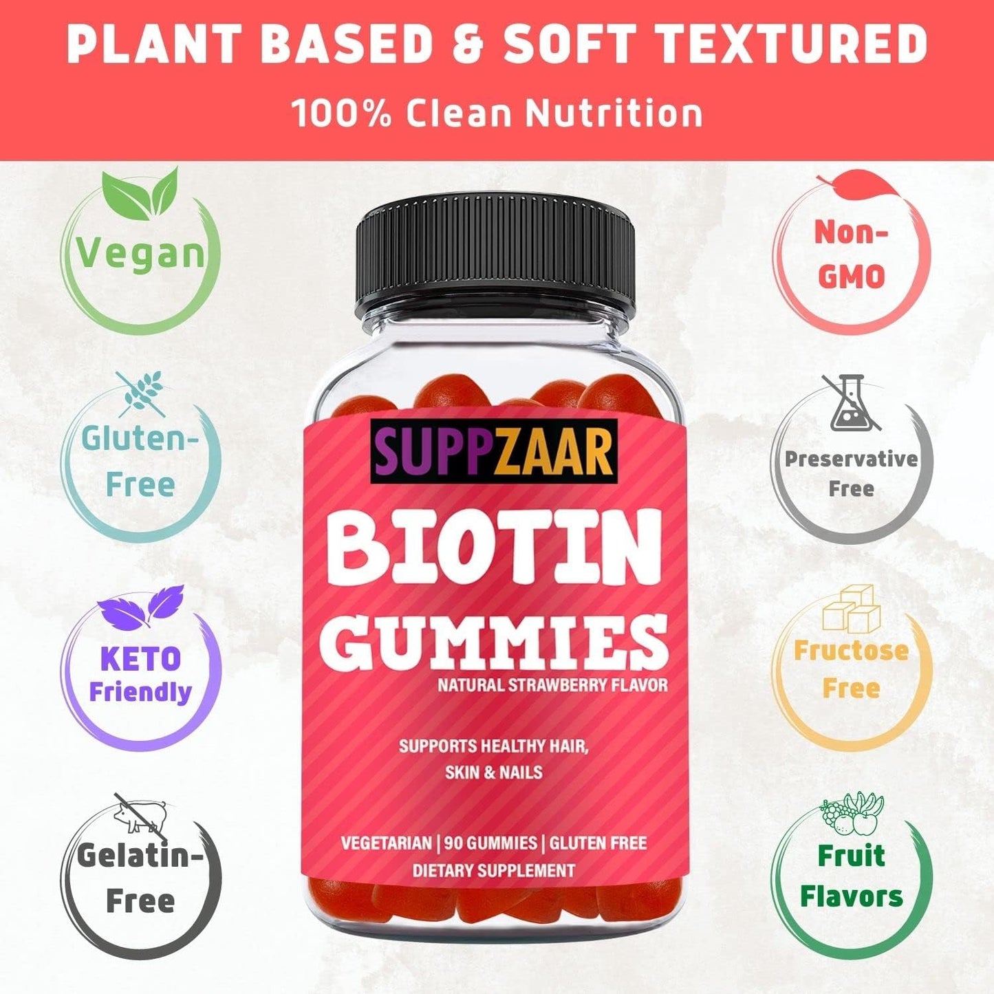 Strawberry Flavored Vegan Biotin Gummies for Hair Growth - Non-GMO, Gelatin & Gluten-Free - 90 Gummies for Men & Women - SUPPZAAR