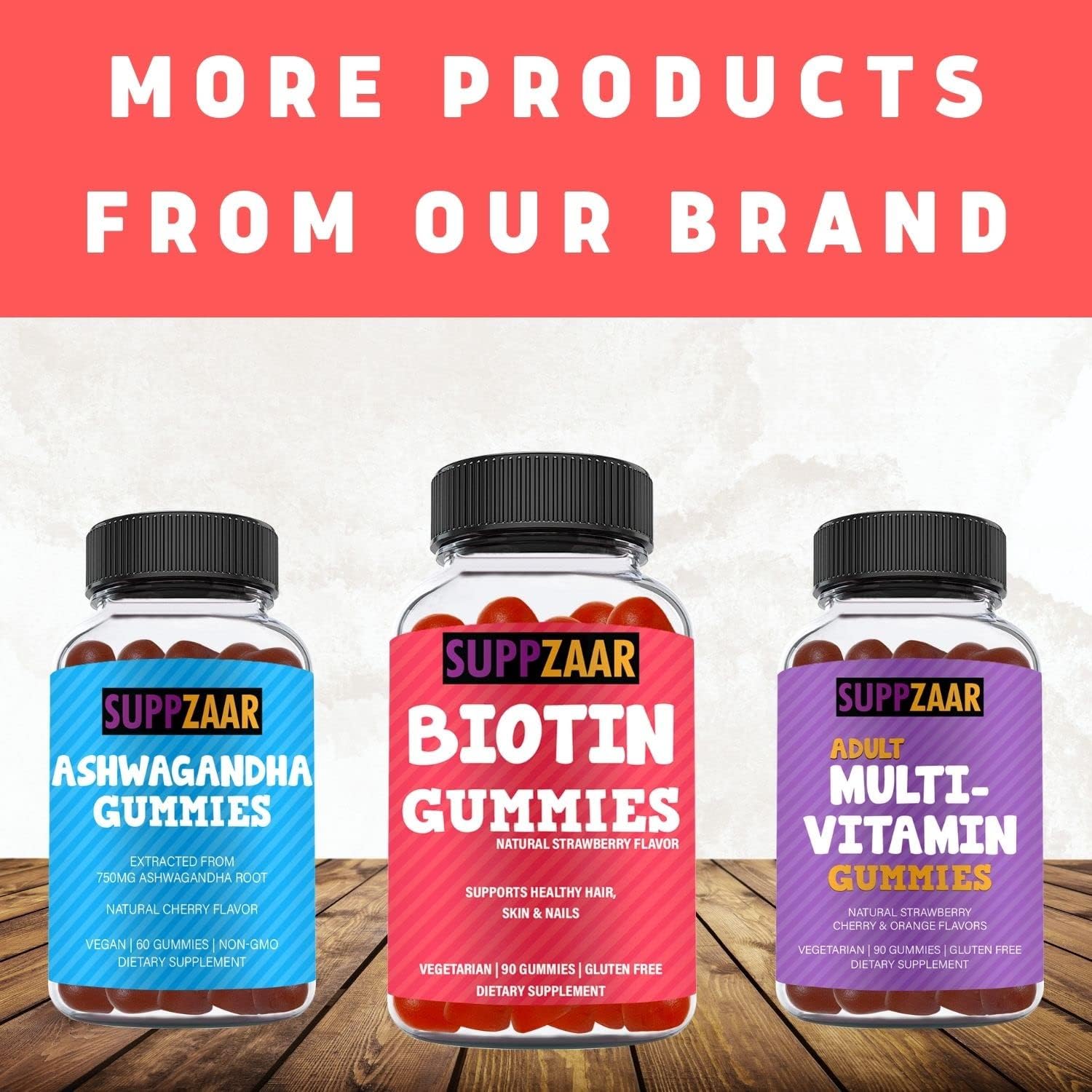 Strawberry Flavored Vegan Biotin Gummies for Hair Growth - Non-GMO, Gelatin & Gluten-Free - 90 Gummies for Men & Women - SUPPZAAR