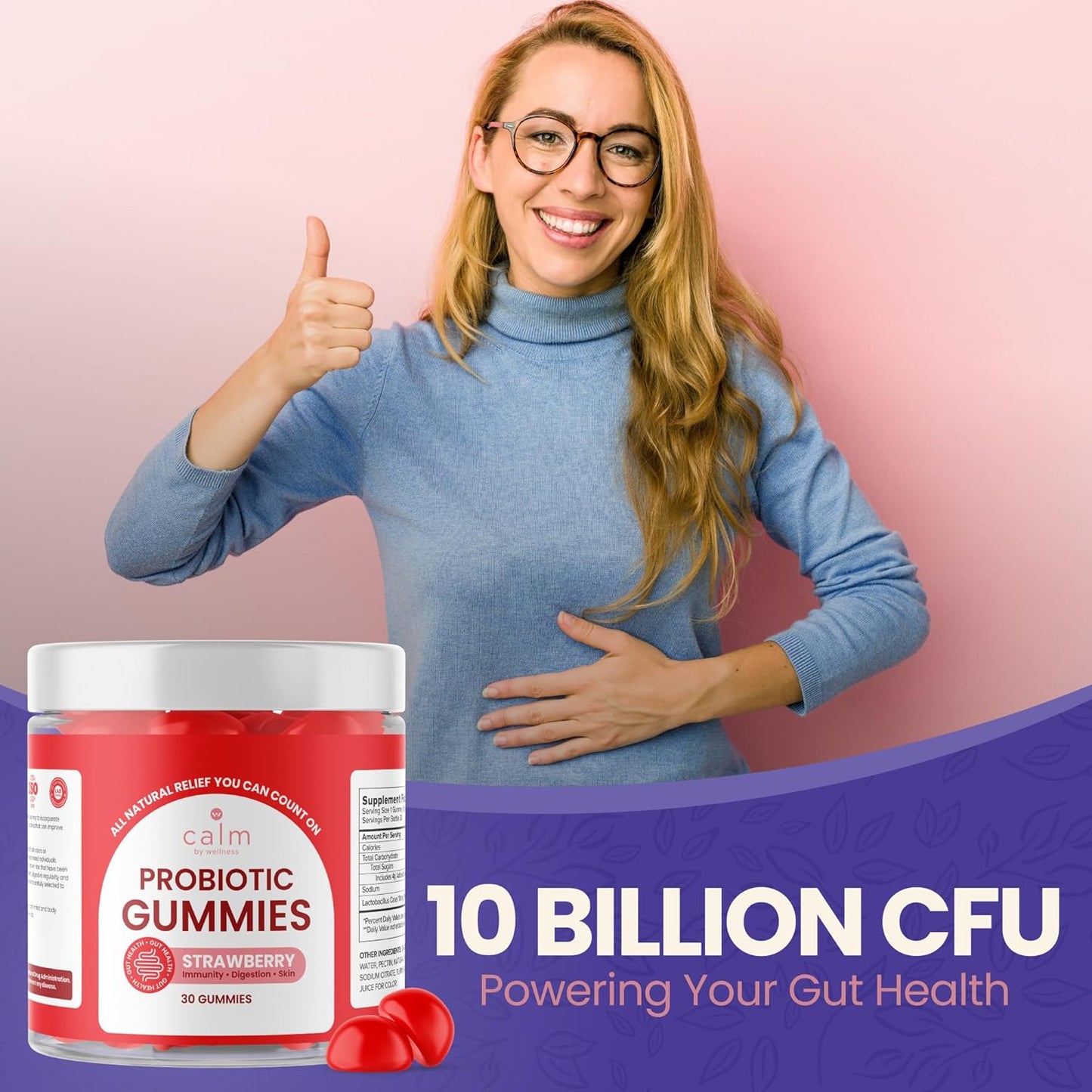 Strawberry Flavored Vegan Probiotic Gummies - 10 Billion CFUs for Digestive & Skin Health