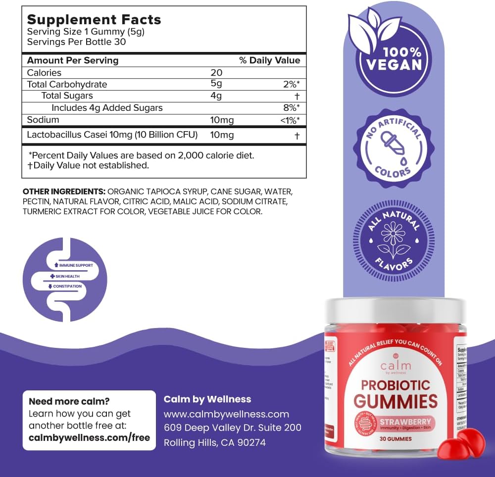 Strawberry Flavored Vegan Probiotic Gummies - 10 Billion CFUs for Digestive & Skin Health