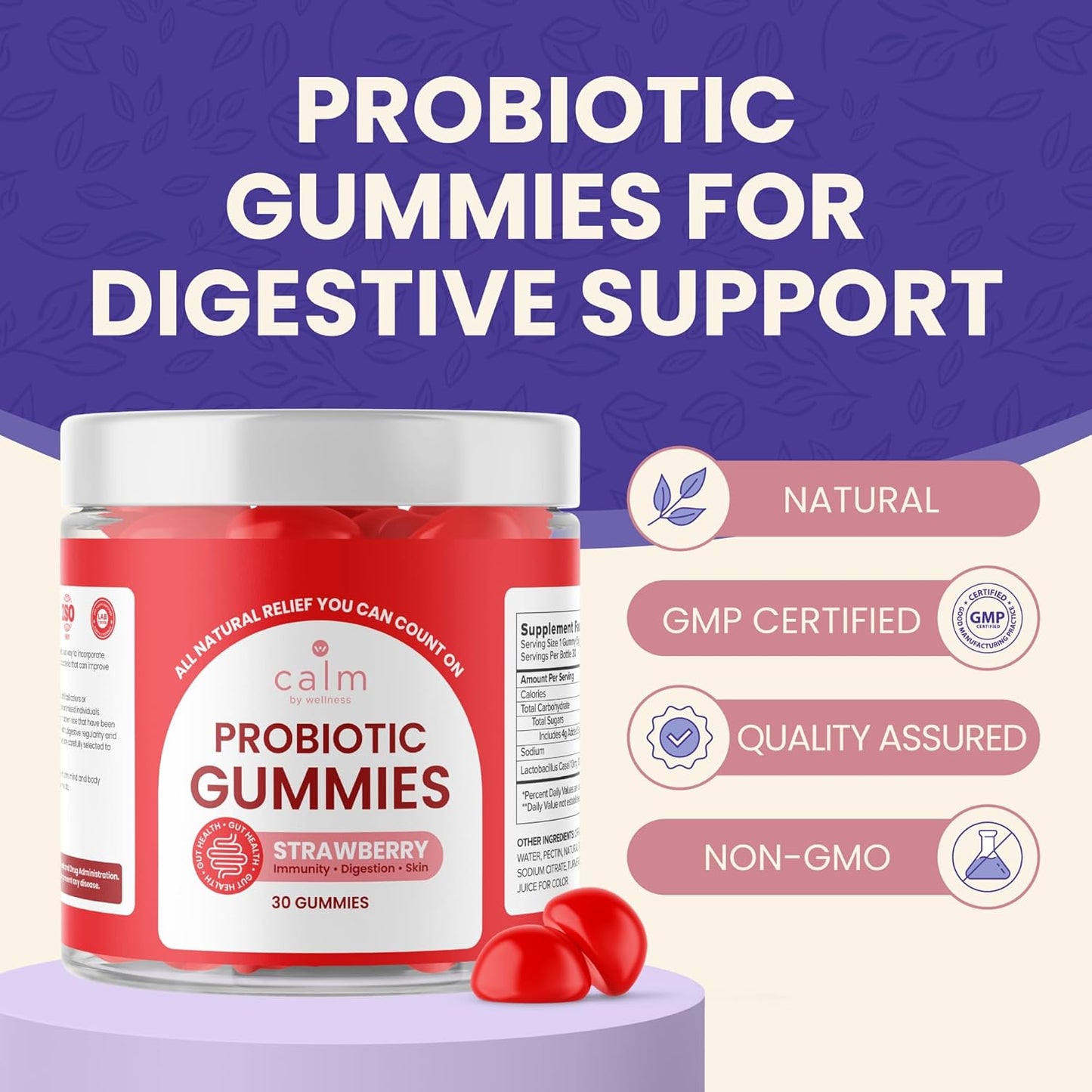 Strawberry Flavored Vegan Probiotic Gummies - 10 Billion CFUs for Digestive & Skin Health