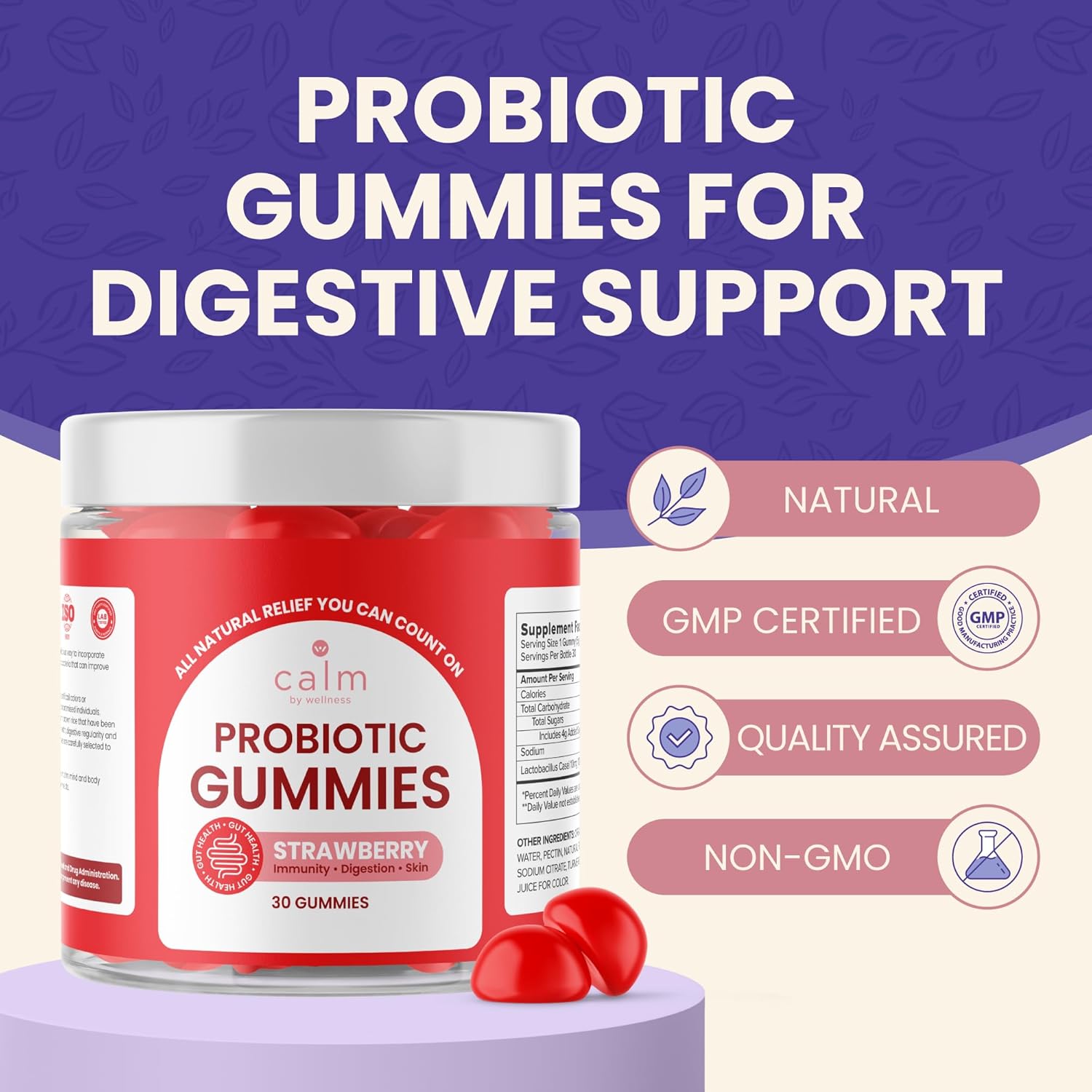 Strawberry Flavored Vegan Probiotic Gummies - 10 Billion CFUs for Digestive & Skin Health