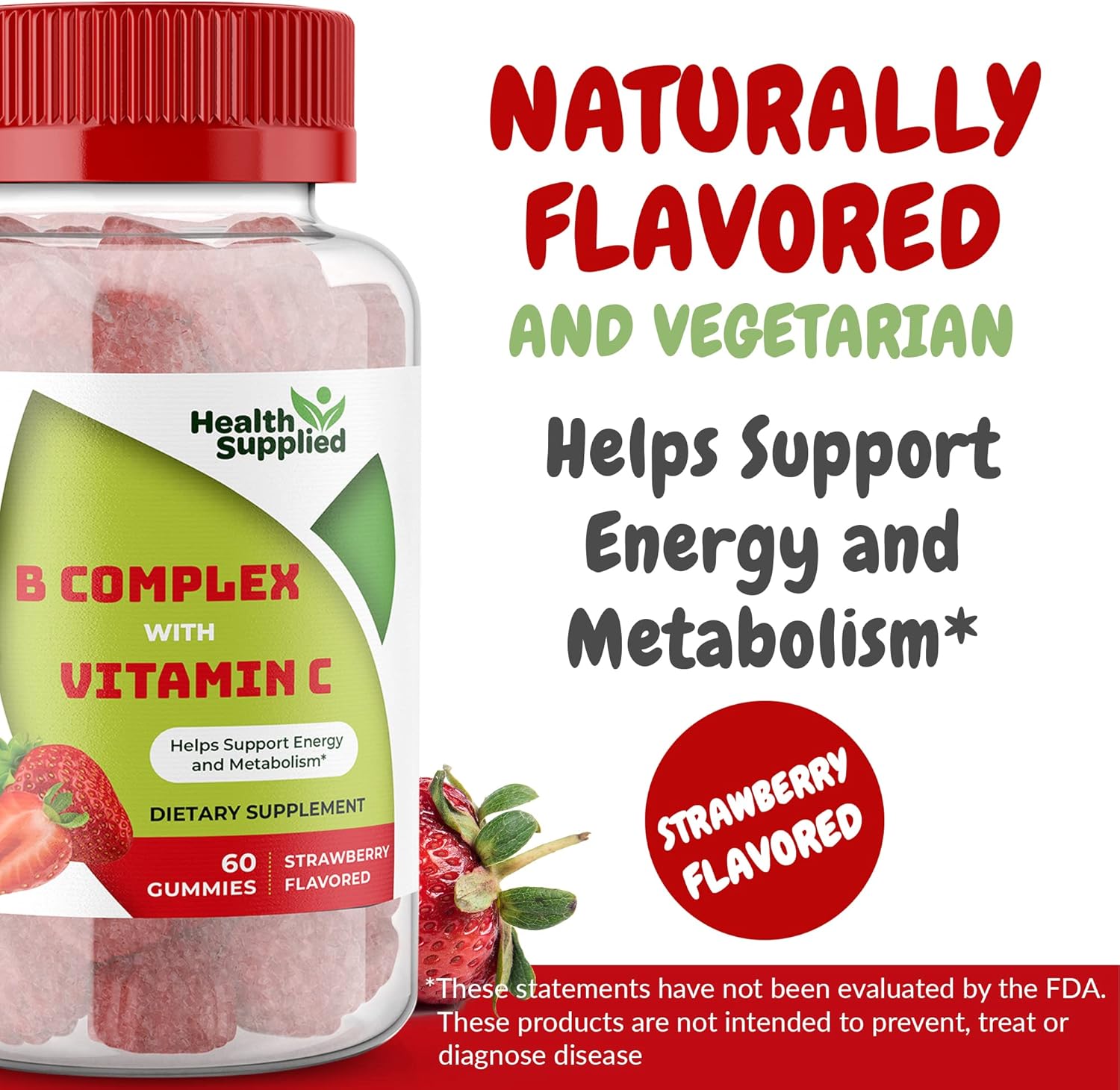 Strawberry Flavored Vitamin B Complex Gummies with Vitamin C - Supports Nervous System & Energy - Cognitive Function Support