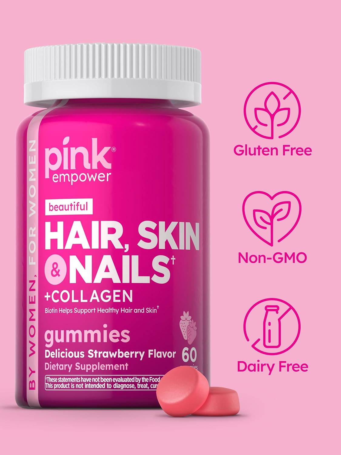 Strawberry Hair Skin Nails Gummies with Collagen & Biotin - 60 Count for Women | Non-GMO & Gluten Free