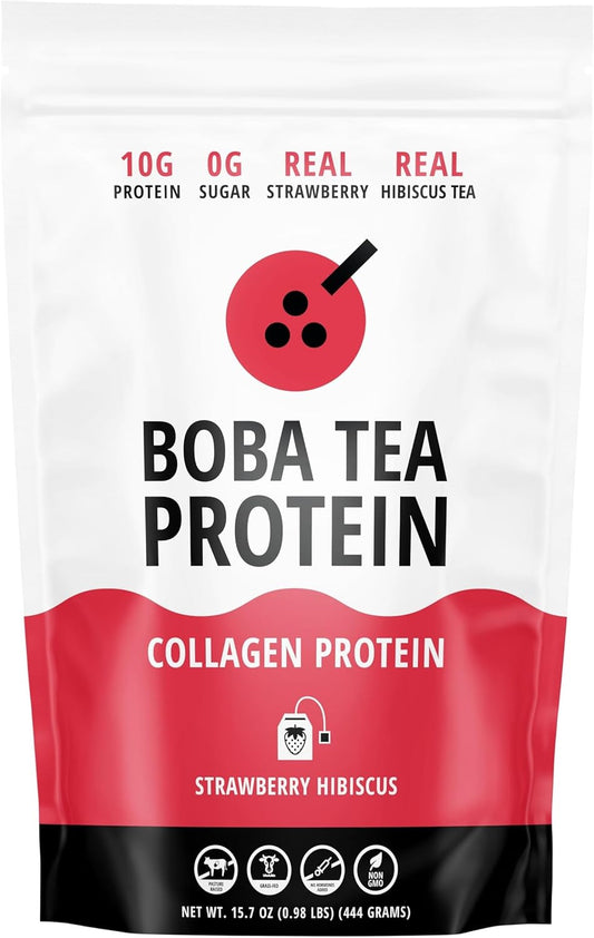 Strawberry Hibiscus Boba Tea Collagen Powder | Grass-Fed Hydrolyzed Bovine | 30 Servings | Hair, Skin, Nail, Bone, Joint Health | No Sugar