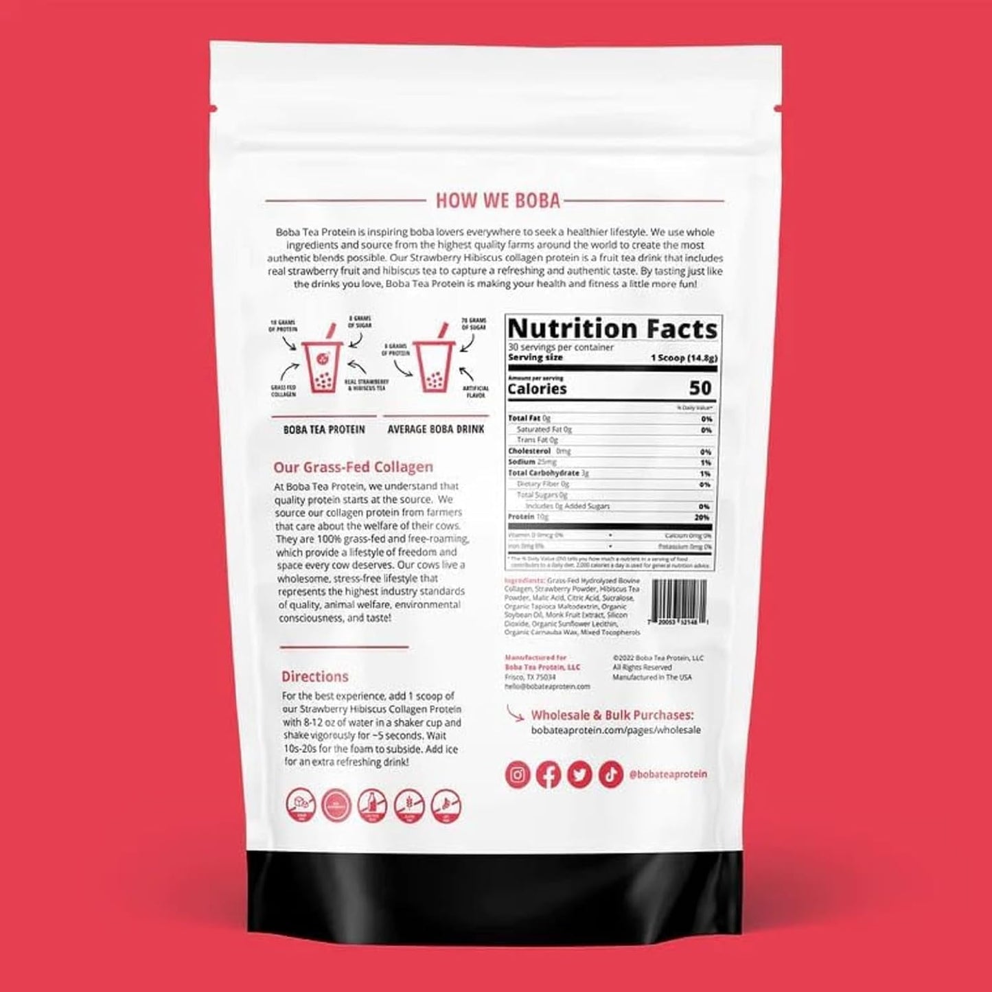 Strawberry Hibiscus Boba Tea Collagen Powder | Grass-Fed Hydrolyzed Bovine | 30 Servings | Hair, Skin, Nail, Bone, Joint Health | No Sugar