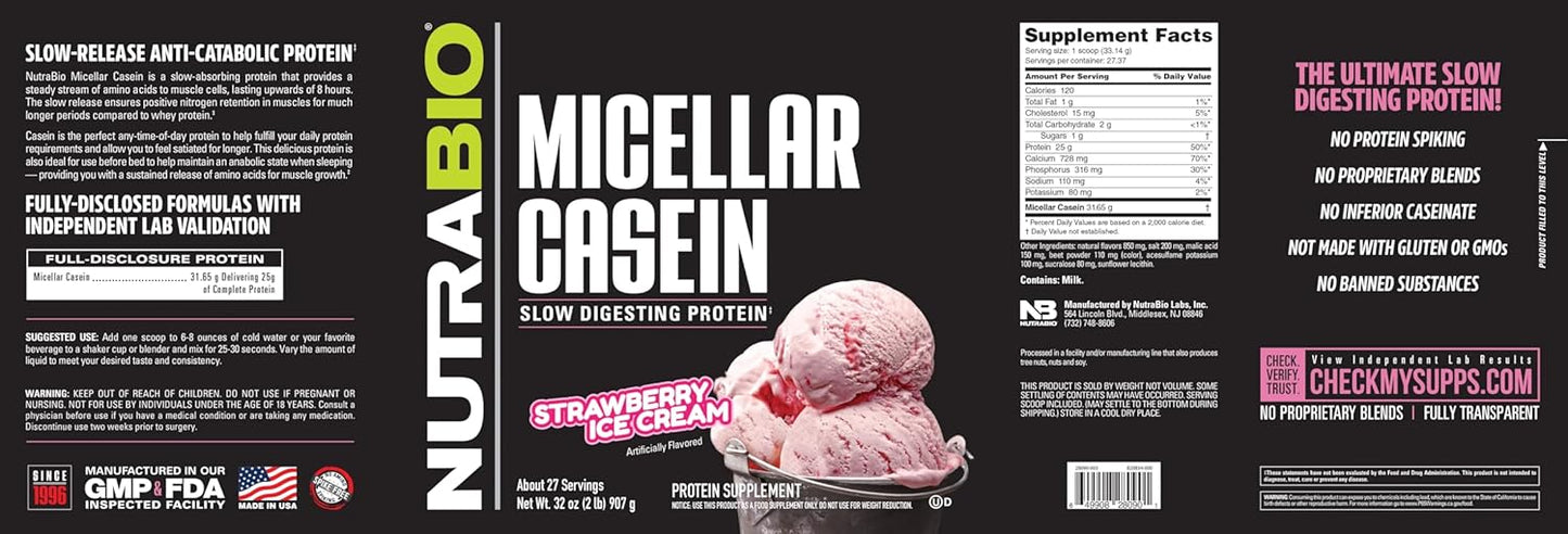 Strawberry Ice Cream Micellar Casein Protein Powder for Slow Muscle Growth - Non-GMO & Gluten-Free - 2 lbs