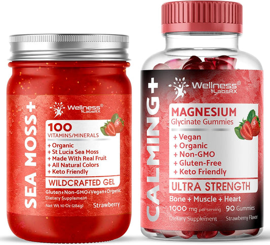 Strawberry Irish Sea Moss Gel with 1000mg Magnesium Glycinate Gummies for Health